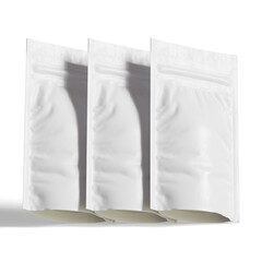 Blank white aluminium foil plastic pouch bag sachet packaging mockup isolated on white background, 3D rendering