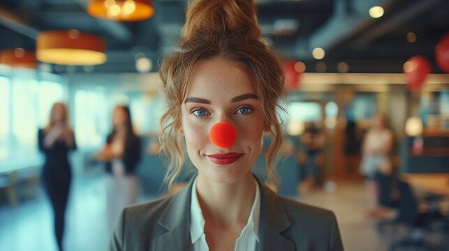 Smiling Young European Woman with a Red Clown Nose at the Workplace. Wide-format Portrait Against a Blurred Office Background. AI Generated