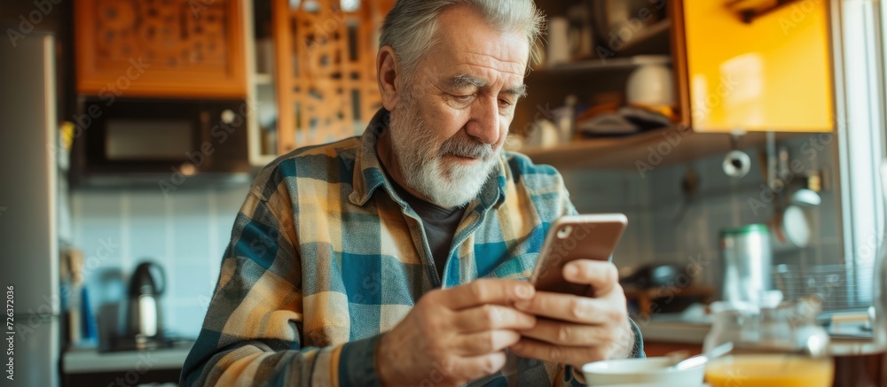 Poster man in his middle age using cell phone while having breakfast at his residence.