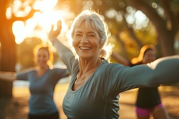 A group of mature women doing a workout in the park on a sunny day.