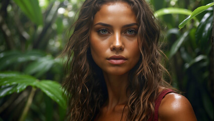a portrait of a beautiful girl in the rainforest, l with natural make-up and wet hair stands in the jungle among exotic plants.