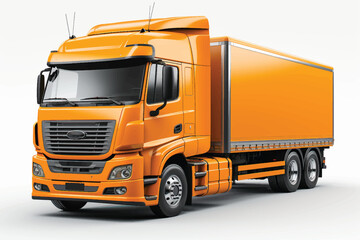 Modern orange truck with an orange trailer for transportation of goods around the city 3d render on white background with shadow