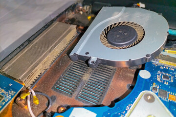 Disassembled internal parts of the laptop cooling system for routine routine maintenance and...