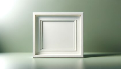 A simple, understated decorative picture frame against a soft green background, with the frame itself in white