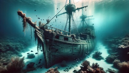 A haunting yet serene scene of a sunken sailing ship resting on the seabed