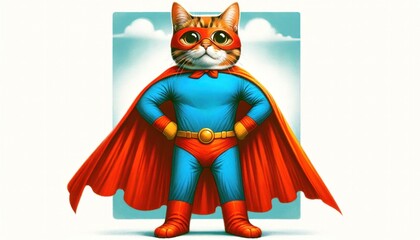 A playful illustration of a cat dressed as a generic superhero