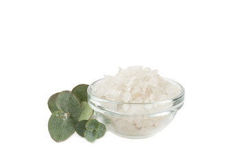 Cosmetic sea salt with eucalyptus aroma and extract isolated on a white background. Spa concept. Bath salt. Close-up.