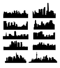 City on the horizon, buildings in the city center. Vector silhouettes isolated background.