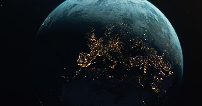 View Of The Europe Continent from Space at Night. Realistic Earth And Space Background.