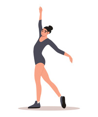 Ballerina or Dancer Works in the Dance Hall. Woman Exercising. Sports Activity.  Vector Illustration in Flat Cartoon Style.
