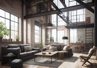 Fototapeta premium Industrial Style Living Room With Armchair, Corner Sofa, Brick Wall And Pendant Lights 
