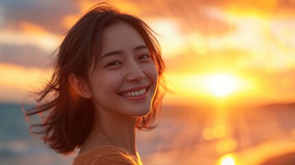 Japanese woman smiling like a fashion model, beautiful and youthful, with a sunset in the background