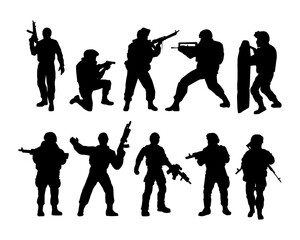 Silhouettes of soldiers. Troops of special purpose, armed military. The soldier is on guard. Rangers at the border. Team commandos unit. Special Forces crew black isolated vector .
