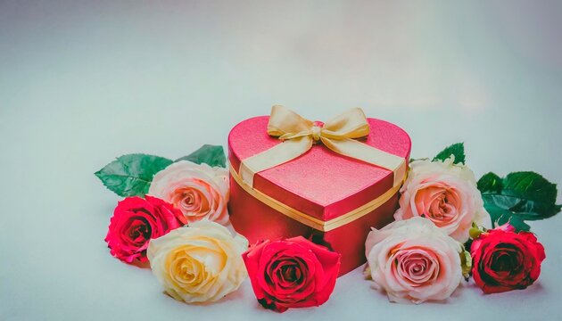 Red and gold heart shaped gift box surrounded and roses isolated on white background. Valentine's Day romantic present photo concept.