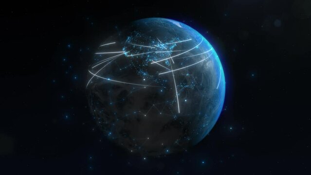 A stunning timelapse of the Earth, showing the dynamic flow of data, connections, and cargo across the globe. Concept of global interconnection and communication, the impact of technology on logistics