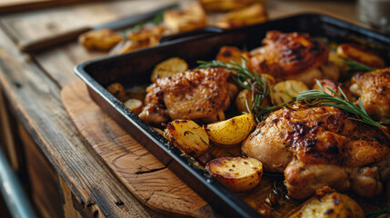 Fried chicken thighs and potatoes in the oven, on a tray on a wooden table