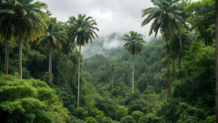 Fototapeta na wymiar rainforest, distant view, rainy weather photo of palm trees and jungle