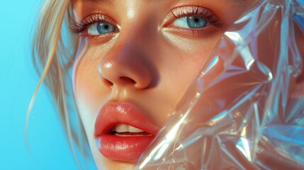 young blonde woman, bright makeup, a very small piece of transparent cellophane pressed to the girl lips