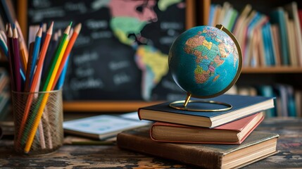 Back to School Concept. Earth Globe, Books, Notebooks, Colorful Stationery. Education and School Supplies. Blackboard Chalkboard Background for Learning. Stack of Books and Essentials on Wooden Table
