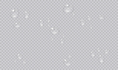 Vector water droplets. PNG droplets, condensation on glass, on various surfaces. Realistic droplets on a transparent isolated background. PNG.	
