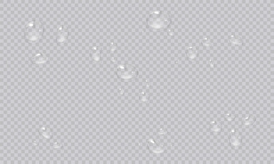 Vector water droplets. PNG droplets, condensation on glass, on various surfaces. Realistic droplets on a transparent isolated background. PNG.	
