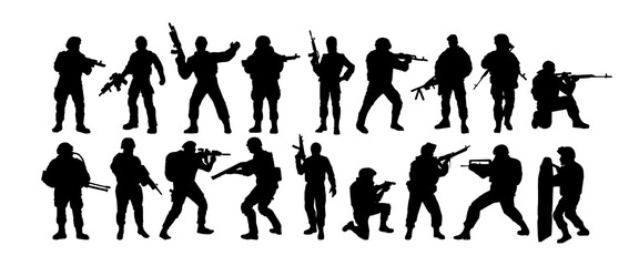 Silhouettes of soldiers. Special forces, armed military. A soldier stands guard, Rangers at the border. Vector isolated background. - obrazy, fototapety, plakaty
