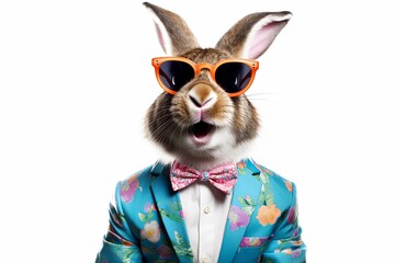 Cool Easter bunny with sunglasses in a colorful suit on white background.