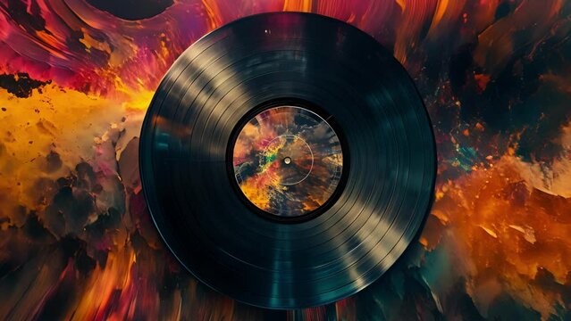Brace yourself for an otherworldly journey as a vinyl record spins revealing a stunning display of abstract patterns and vivid colors in stunning detail.