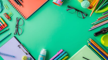 Frame of colorful school supplies on green table. Back to school concept. Top view. Flat lay