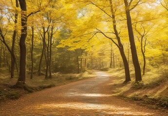 Obraz premium A pathway strewn with fallen autumn leaves meanders through a forest, surrounded by trees exhibiting the vibrant colors of fall. The warm sunlight filters through the foliage, casting dappled shadows.