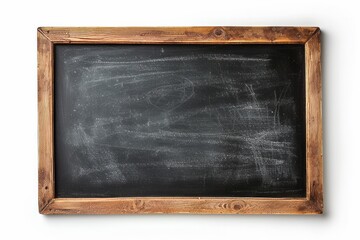 Rubbed out dirty chalkboard. Realistic black chalkboard with wooden frame isolated on white background. Empty school chalkboard for classroom or restaurant menu