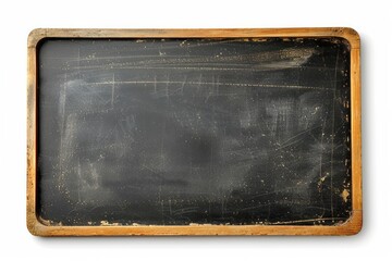 Rubbed out dirty chalkboard. Realistic black chalkboard with wooden frame isolated on white background. Empty school chalkboard for classroom or restaurant menu - obrazy, fototapety, plakaty
