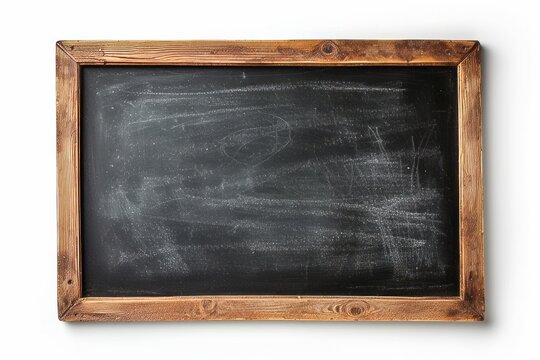 Rubbed out dirty chalkboard. Realistic black chalkboard with wooden frame isolated on white background. Empty school chalkboard for classroom or restaurant menu