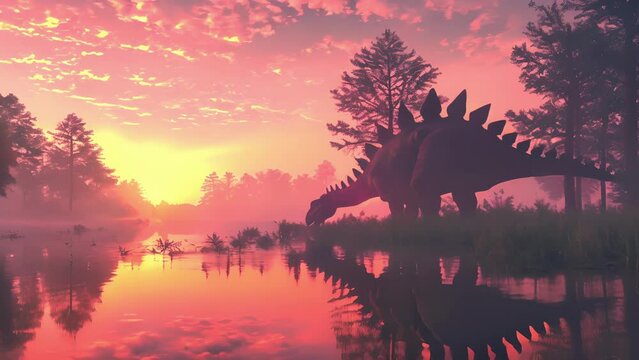A lone stegosaurus cautiously grazes on lowlying vegetation near a peaceful lake its distinctive plates creating a striking silhouette against the pink sky.