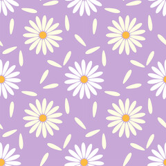 Seamless daisy chamomile pattern on pastel purple background.