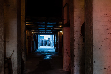 Fototapeta na wymiar Rows of wooden wine barrels in dark brick warehouse