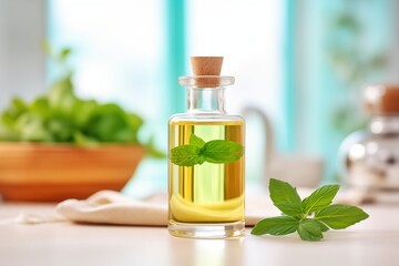 glass container of peppermint oil with fresh mint leaves