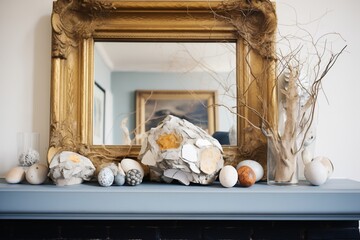 Fototapeta na wymiar plastic wrap nest with stone eggs on a mantelpiece