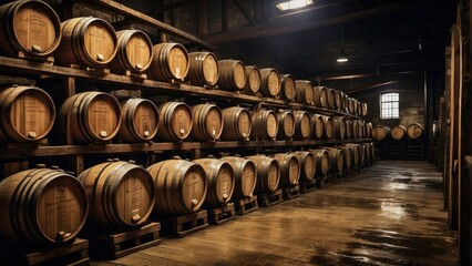 Whiskey bourbon scotch wine barrels in an aging facility. generative, ai.