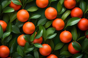 Colorful fruit pattern of tangerine or clementine on green background. Delicious fresh mandarin oranges fruit with leaves. Chinese New Year, Tet holiday.  Happy Lunar Year