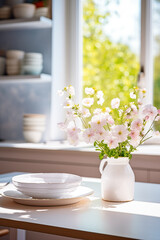 Obraz na płótnie Canvas Bright kitchen interior, bouquet of white flowers and dishes. White day.