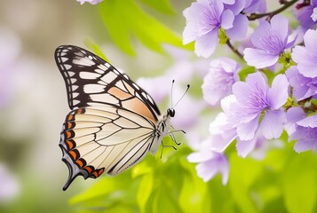 Naklejka premium Selective focus shot of a beautiful butterfly sitting on a branch with colorful flower 