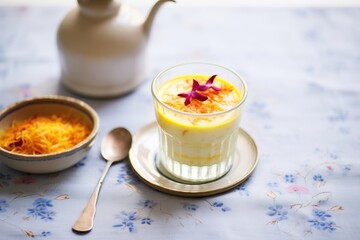 vibrant shot of rice pudding drink with a dash of saffron threads