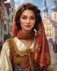 Portrait of a beautiful girl in a red dress on the background of an old castle. A brunette with hazel eyes, adorned in traditional Polish folk attire