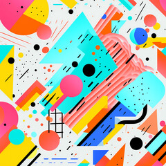 Abstract background texture with geometric patterns and line, playful quirky cartoonish illustrations with pastel colors of blue, pink, red, black and yellow. Colorful Backdrop. Flat Landing Page