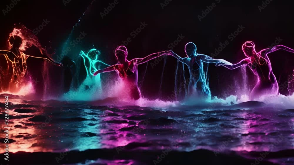 Poster the neon outline of a synchronized swimming routine with the water and movement creating a stunning 