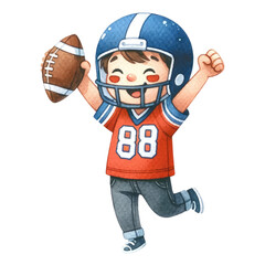 Watercolor cute american football fan holding a ball and celebrating. American Football competition. American Football element clipart.
