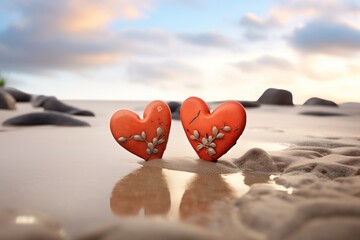 Fototapeta premium two red heartshaped stones on sandy shore, waves in background
