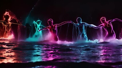 The neon outline of a synchronized swimming routine with the water and movement creating a stunning visual spectacle.