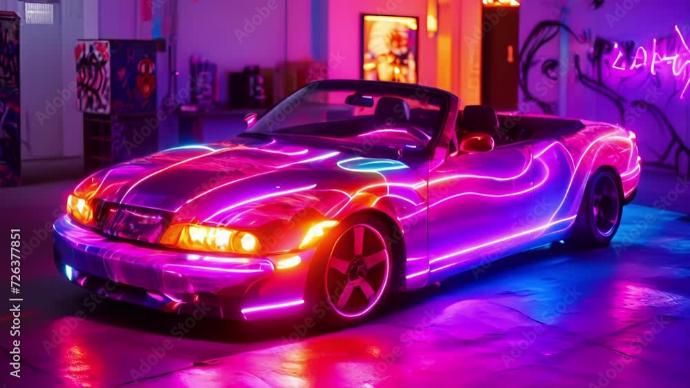 Wall mural A graffiticovered convertible with glowing neon flames painted on the hood and sides of the car.